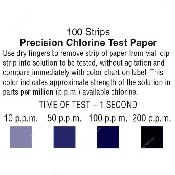 Precision Chlorine Test Paper, 145, 0-200ppm, 48 x 6MM, PK100