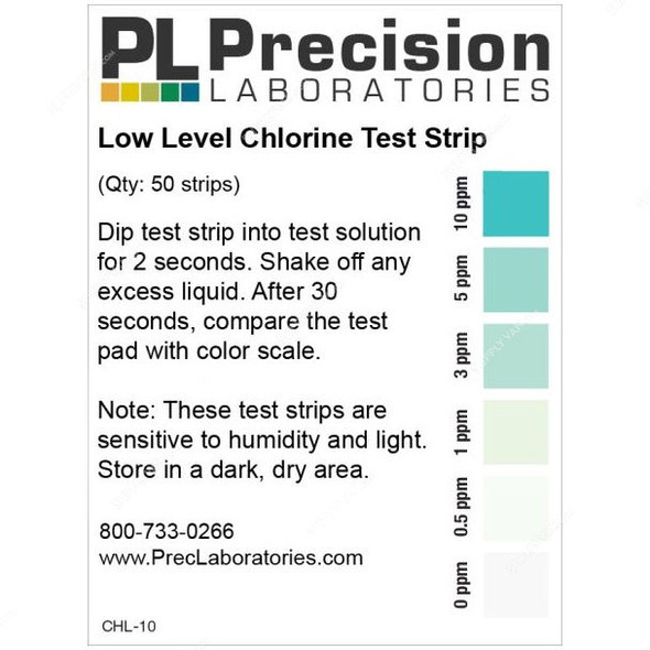Precision Chlorine Test Strip, CHL-10, 10ppm, 64 x 5MM, PK50
