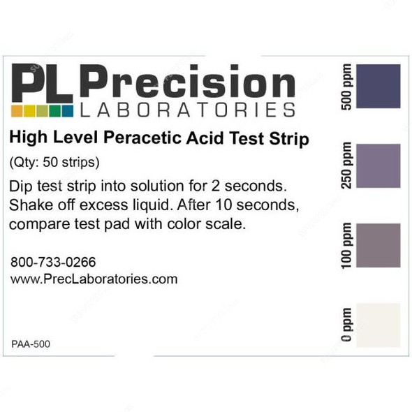 Precision Peracetic Acid Test Strip, PAA-500, 500ppm, 64 x 5MM, PK50