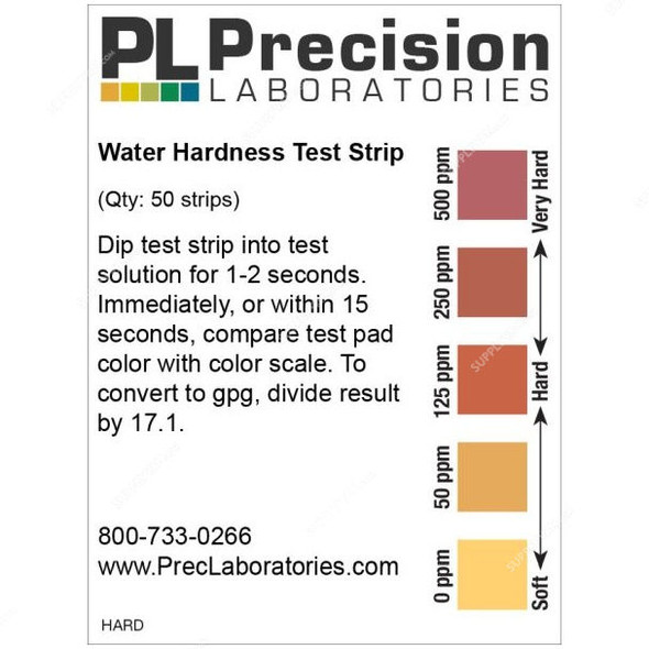Precision Water Hardness Test Strip, HARD, 0-500ppm, 64 x 5MM, PK50