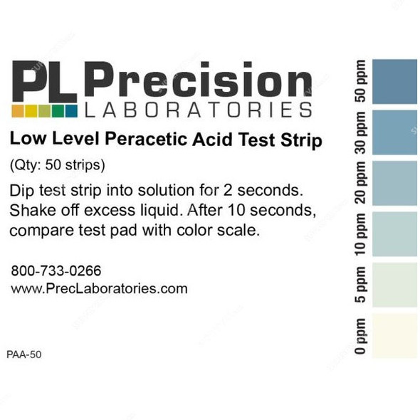Precision Peracetic Acid Test Strip, PAA-50, 50ppm, 64 x 5MM, PK50
