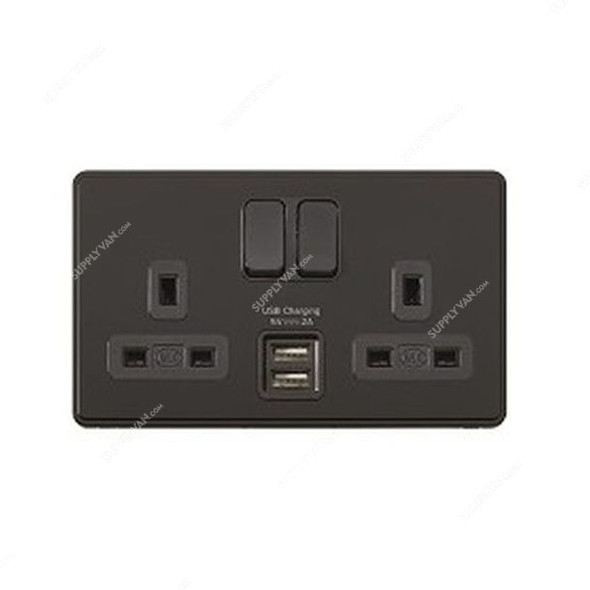 Mk Switch Socket W/ USB Port, MHFP040MBK+MH24344BLKC, 5V, 13A, 2 Gangs, Matt Black