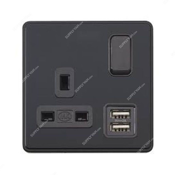 Mk Switch Socket W/ USB Port, MHFP044MBK+MH4354BLKC, 5V, 13A, 1 Gang, Matt Black