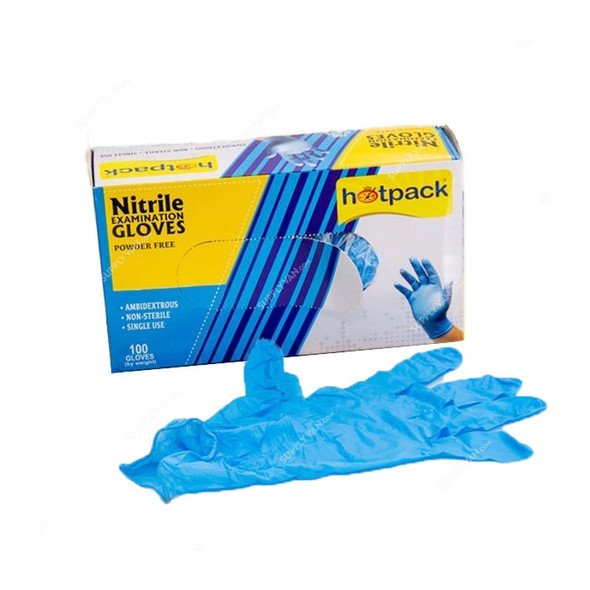 Hotpack Nitrile Examination Gloves, PFNGL, Powder Free, Blue, L, 100 Pcs/Pack