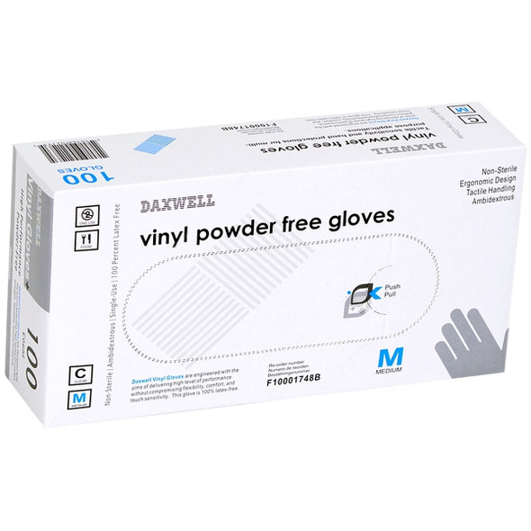 Daxwell Powder Free Vinyl Gloves, F10001748B, Large, Clear, 100 Pcs/Pack