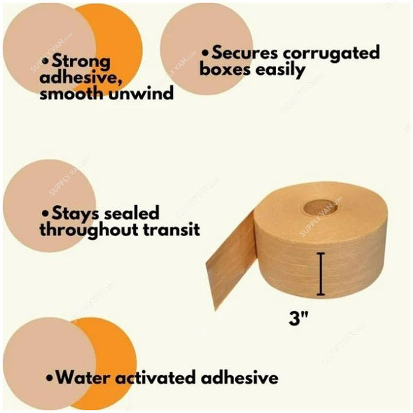 Reinforced Kraft Paper Tape Water Activated, 72MM Width x 50 Mtrs Length, Brown, 24 Pcs/Pack