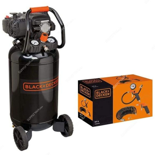 Black and Decker 50 Ltrs Vertical Air Compressor With 6 Pcs Air Tool Kit, BD227-50+KIT-6