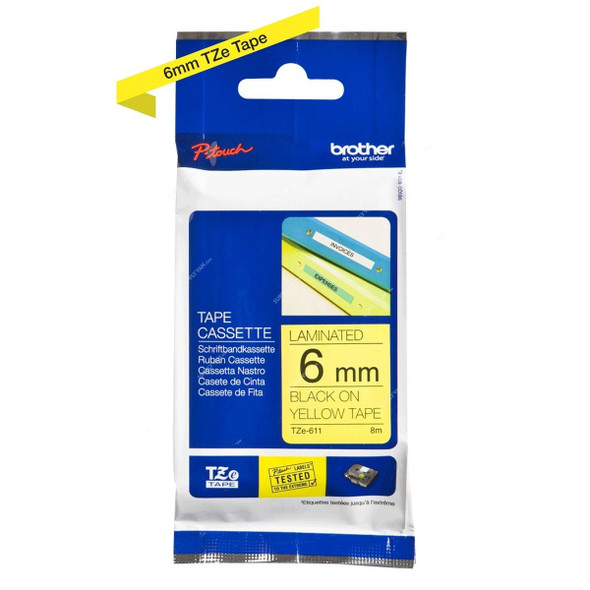 Brother Labelling Tape Cassette, TZE611, 6MM, Black On Yellow