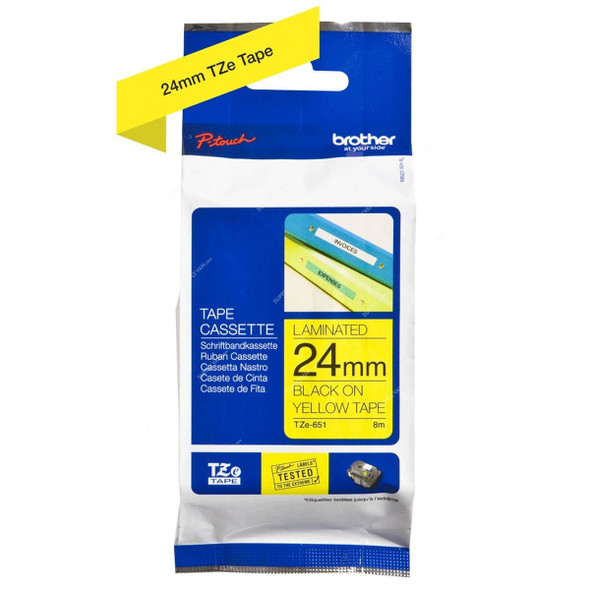 Brother Labelling Tape Cassette, TZE651, 24MM, Black On Yellow