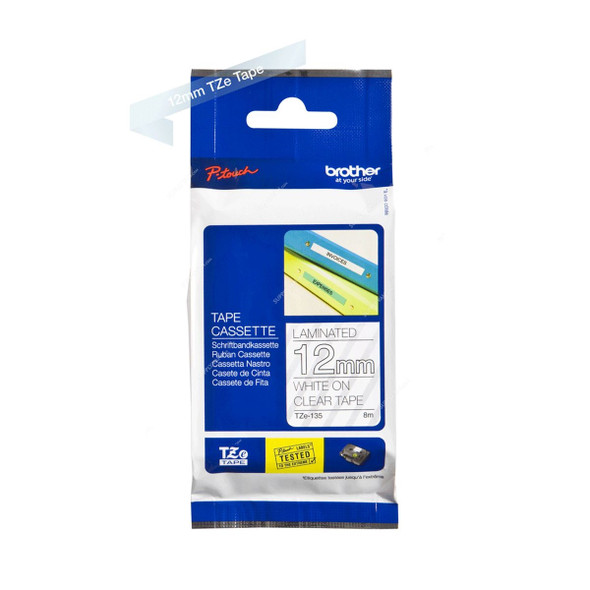 Brother Labelling Tape Cassette, TZE135, 12MM, White On Clear