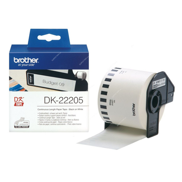 Brother Continuous Paper Label Roll, DK22205, 62MM x 30.48 Mtrs, Black On White