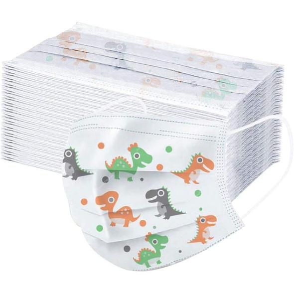 Dinosaur Printed Kids Disposable Face Mask, Non-Woven, 3 Layer, White, 50 Pcs/Pack