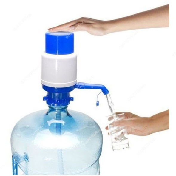 Hand Press Water Pump Dispenser, Plastic, White and Blue