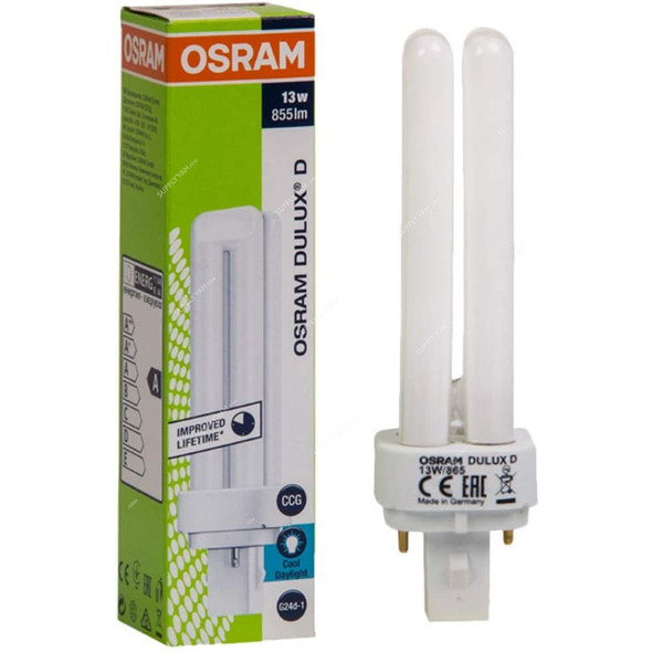 Osram Fluorescent Lamp, Dulux D, 13W, G24d-1, 6500K, Cool Daylight