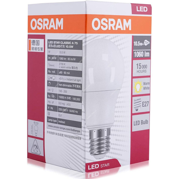 Osram Globe LED Bulb, Star Classic A-75, 10.5W, E27, 2700K, Warm White