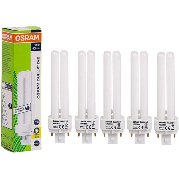 Osram Fluorescent Lamp, Dulux D/E, 13W, G24q-1, 3000K, Lumilux Warm White, 5 Pcs/Pack