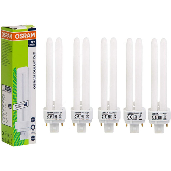 Osram Fluorescent Lamp, Dulux D/E, 18W, G24q-2, 4000K, Lumilux Cool White, 5 Pcs/Pack