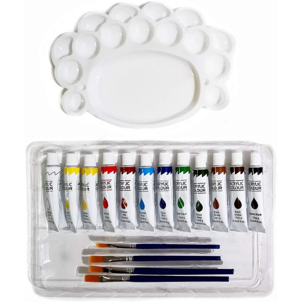 Tiptop Acrylic Color Set With Brushes and Palette, 12ML, Multicolor, 12 Pcs/Set