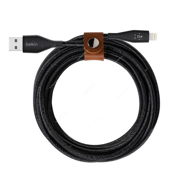 Belkin USB-A to Lightning Cable With Leather Strap, F8J236BT04-BLK, DuraTek Plus, 1.2 Mtrs, Black