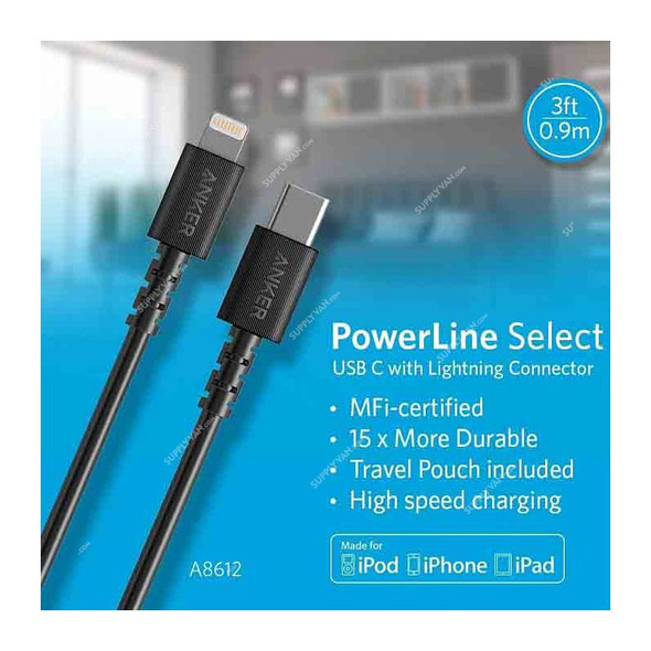 Anker USB-C to Lightning Cable, A8612P11, Powerline Select, 1 Mtrs, Black