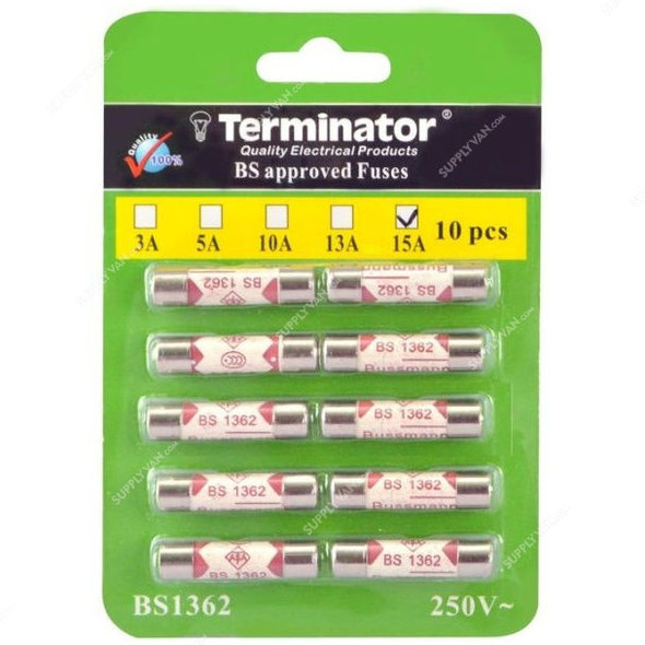 Terminator Ceramic Fuse, BS1362, 15A, 250V, 10 Pcs/Pack