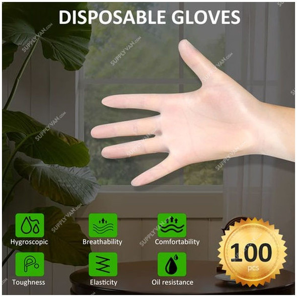 Disposable Gloves, PVC, M, Clear, 100 Pcs/Pack