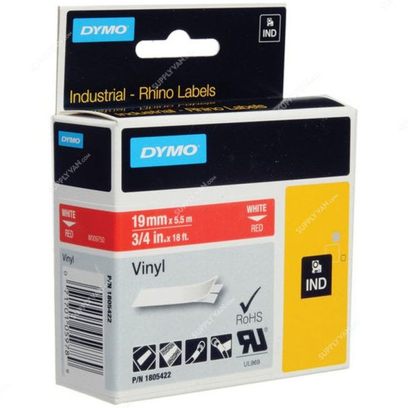 Dymo Vinyl Label Tape, 1805422, 19MM, White On Red
