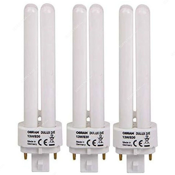 Osram Compact Fluorescent Lamp, Dulux D-E, 13W, G24q-1, 3000K, Lumilux Warm White, 3 Pcs/Pack