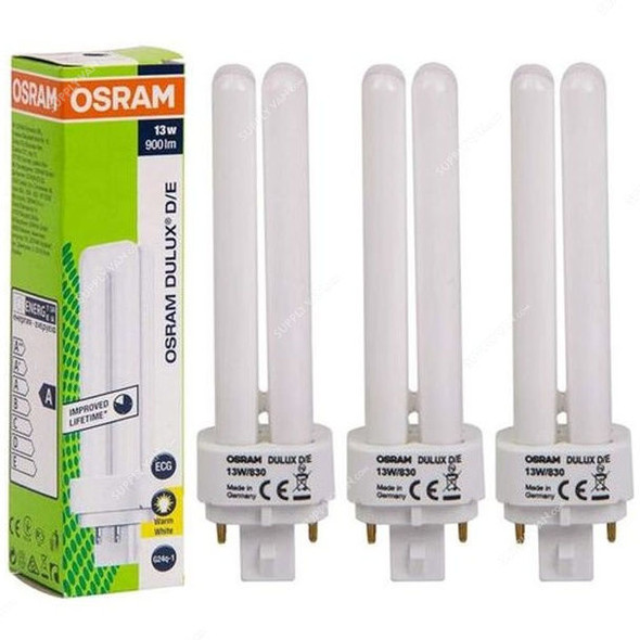 Osram Compact Fluorescent Lamp, Dulux D-E, 13W, G24q-1, 3000K, Lumilux Warm White, 3 Pcs/Pack