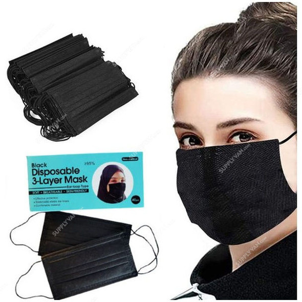 Disposable Face Mask, Non-Woven, 3 Layer, Black, 40 Pcs/Pack