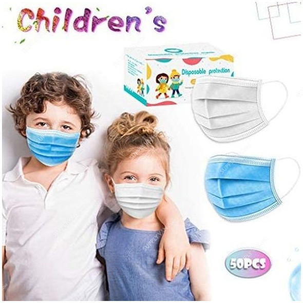 Kids Disposable Face Mask, Non-Woven, 3 Layer, White/Blue, 50 Pcs/Pack