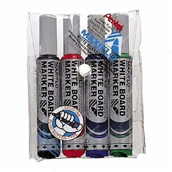 Pentel Maxiflo Whiteboard Marker, MWL5-4, Bullet Tip, 2.1MM, Multicolor, 4 Pcs/Pack