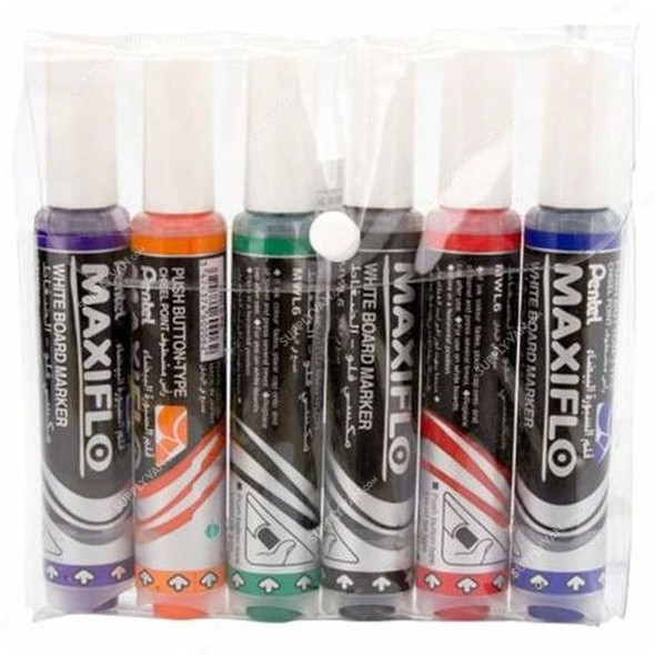 Pentel Maxiflo Whiteboard Marker, MWL6-6, Chisel Tip, 2-6MM, Multicolor, 6 Pcs/Pack