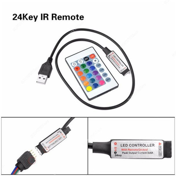 LED Strip Light With Remote Control, 2 Mtrs, 10W, 5VDC, 120 LED, RGB