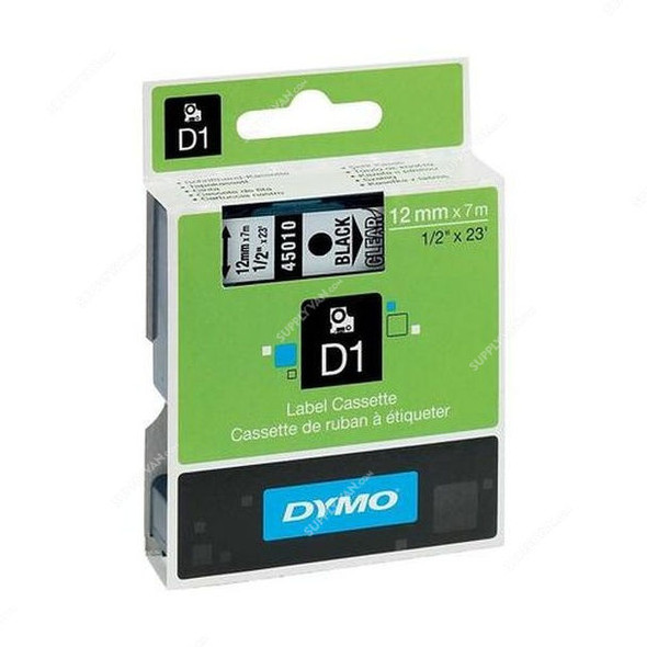 Dymo Labelling Tape Cassette, 45010, D1, 12MM x 7 Mtrs, Black on Clear