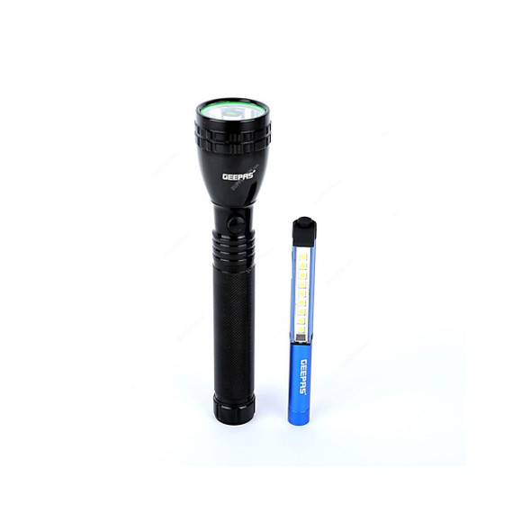 Geepas Rechargeable LED Handheld Flashlight, GFL4647, Aluminium, 1500 Mtrs, Black/Blue, 2 Pcs/Set