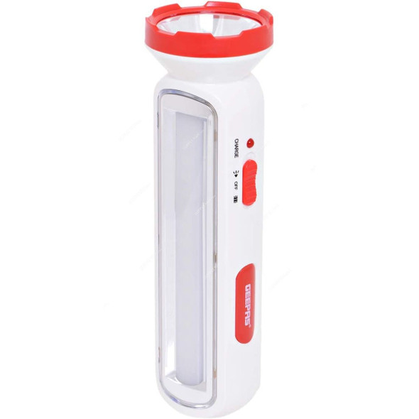 Geepas Rechargeable LED Handheld Flashlight With Emergency Lantern, GFL4663, Aluminium, 4V, 1600mAh, 210MM, White