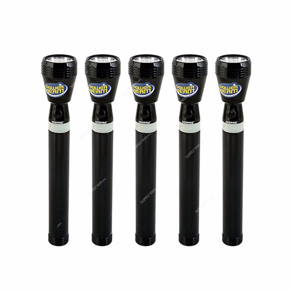Geepas Rechargeable LED Handheld Flashlight, GFL4669, Aluminium, 2000 Mtrs, 100 LM, 258MM, Black, 5 Pcs/Pack