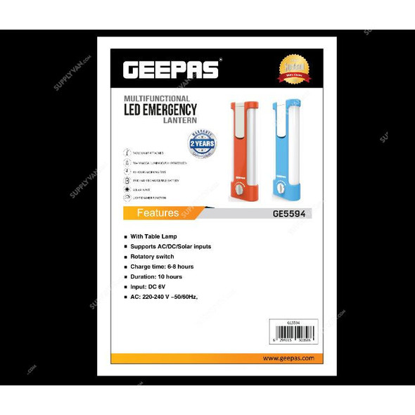 Geepas Rechargeable Emergency LED Lantern With Table Lamp, GE5594, 6V, 1500mAh, 60 LED, Blue