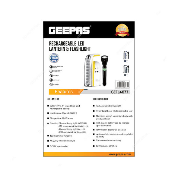 Geepas Rechargeable Emergency LED Lantern With Flashlight, GEFL4677, 12V, 24 LED, Black/White