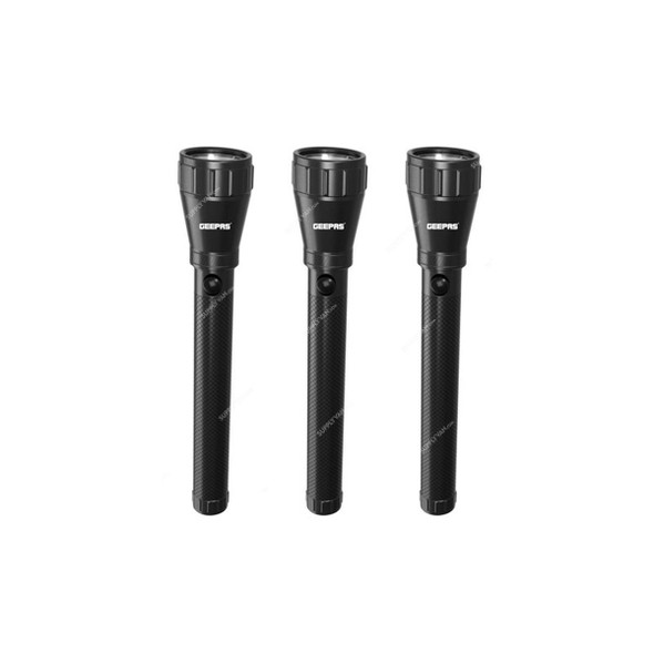 Geepas Rechargeable LED Flashlight, GFL51076, 2000 Mtrs, 1900mAh, Black, 3 Pcs/Pack