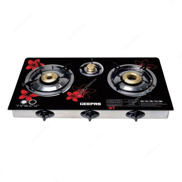 Geepas Gas Cooker, GK6759, Stainless Steel, 3 Burner, Black