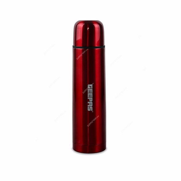 Geepas Hot and Cold Vacuum Flask, GVF5242, Stainless Steel, 0.75 Ltr, Red