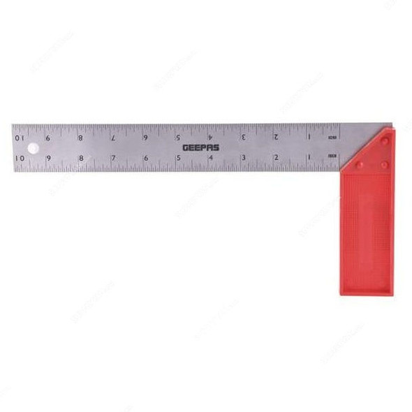 Geepas Try Square Scale With Plastic Handle, GT59071, Stainless Steel, 10 Inch, Red/Silver