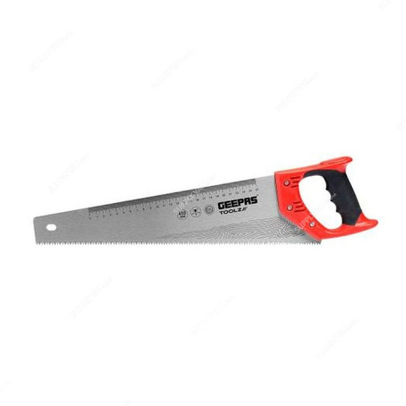 Geepas Hand Saw With TPR Handle, GT59215, Carbon Steel, 16 Inch, Red/Silver