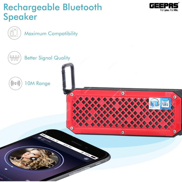 Geepas Rechargeable Bluetooth Speaker, GMS8591, 1000mAh, Black/Red