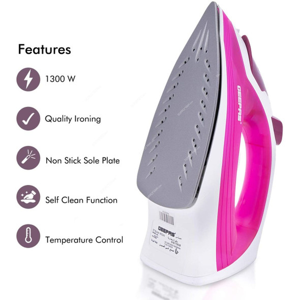 Geepas Steam Iron, GSI7808, 1300W, Pink/White