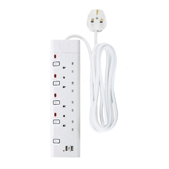 Geepas Extension Socket With Dual USB Port, GES4087, 4 Way, 13A, White