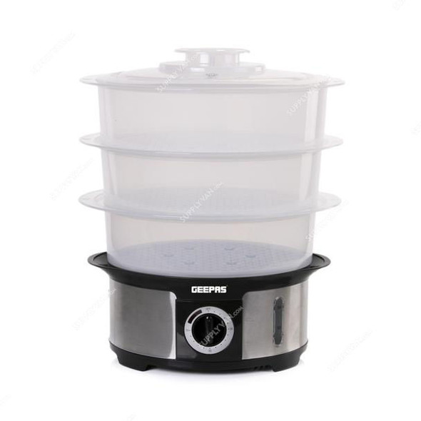 Geepas Electric Food Steamer, GFS63025UK, 1000W, 3 Compartment, 12 Ltrs, Black/Silver
