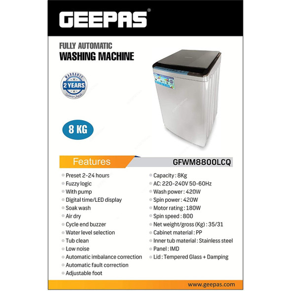 Geepas Fully Automatic Washing Machine, GFWM8800LCQ, 420W, 8 Kg, Silver